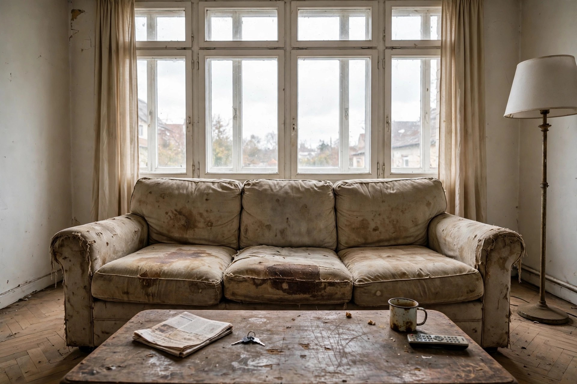 Same living room with old worn-out faded furniture